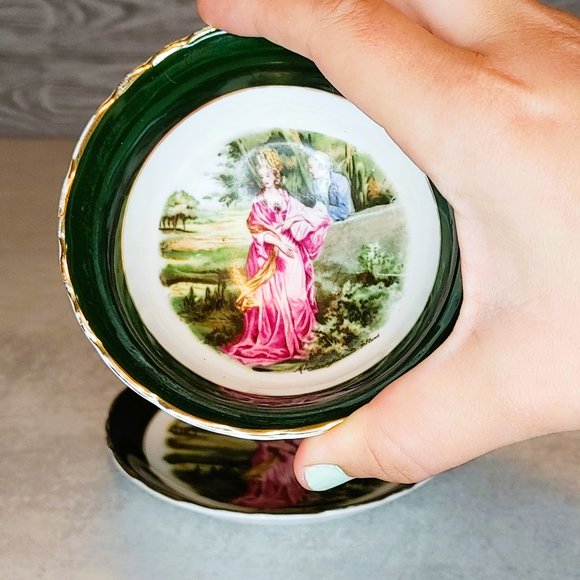 Regency Bone China Love Story Tea Cup and Saucer Green Border Love Story England - Picture 2 of 5